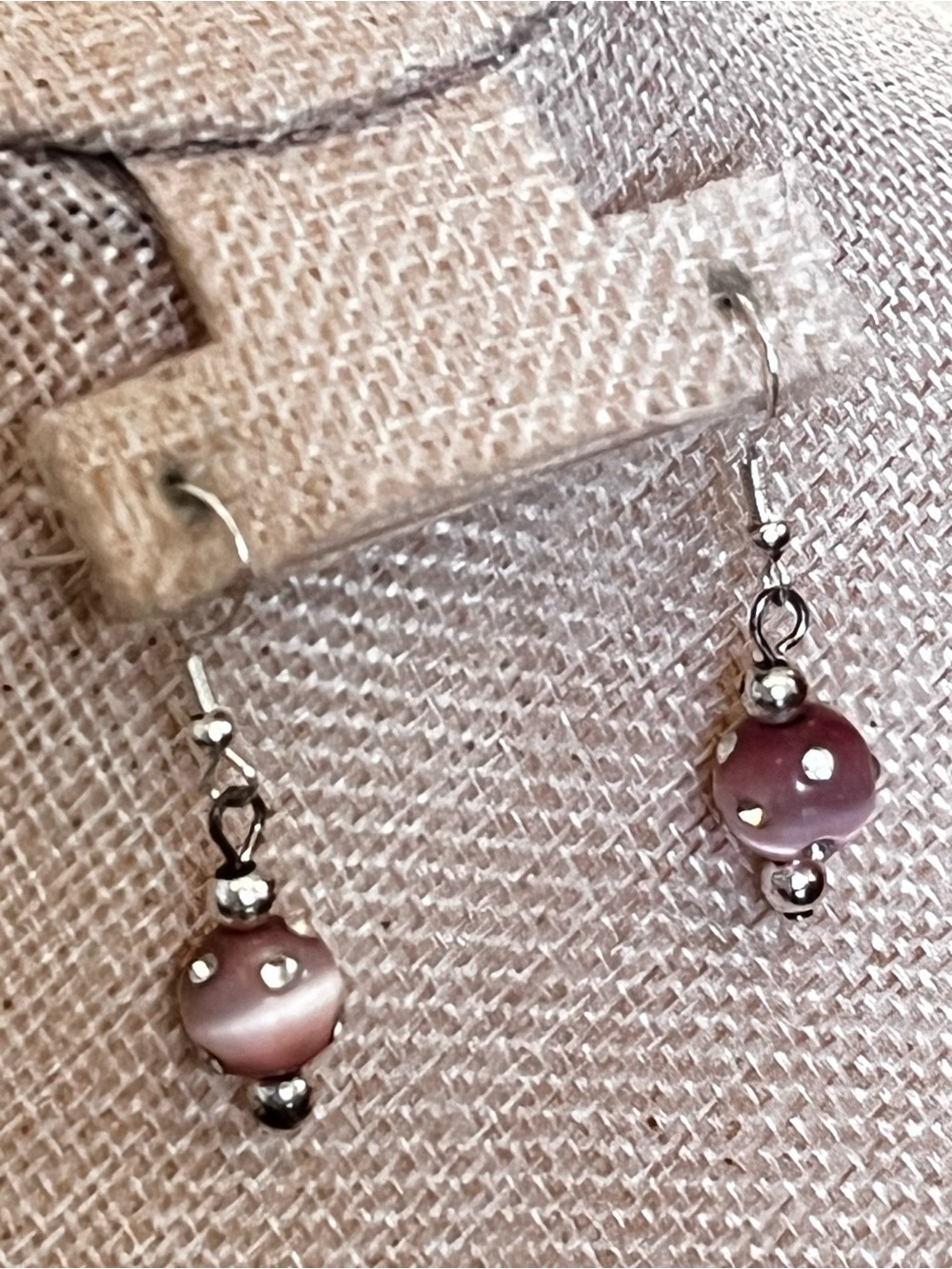 Estate Pink Bead Drop Earrings with Silver Accents